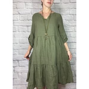 Francesca Bettini Italian Linen Tiered Ruffle Tunic Dress in Olive Green